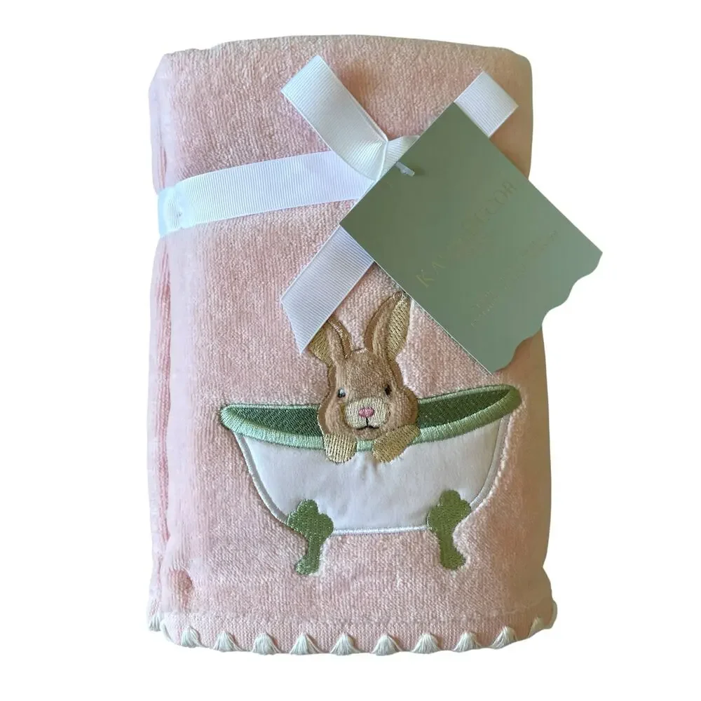NEW Kassatex 2pk Hand Towels Easter Bunny in Bath Tub Pastel Pink 18x28